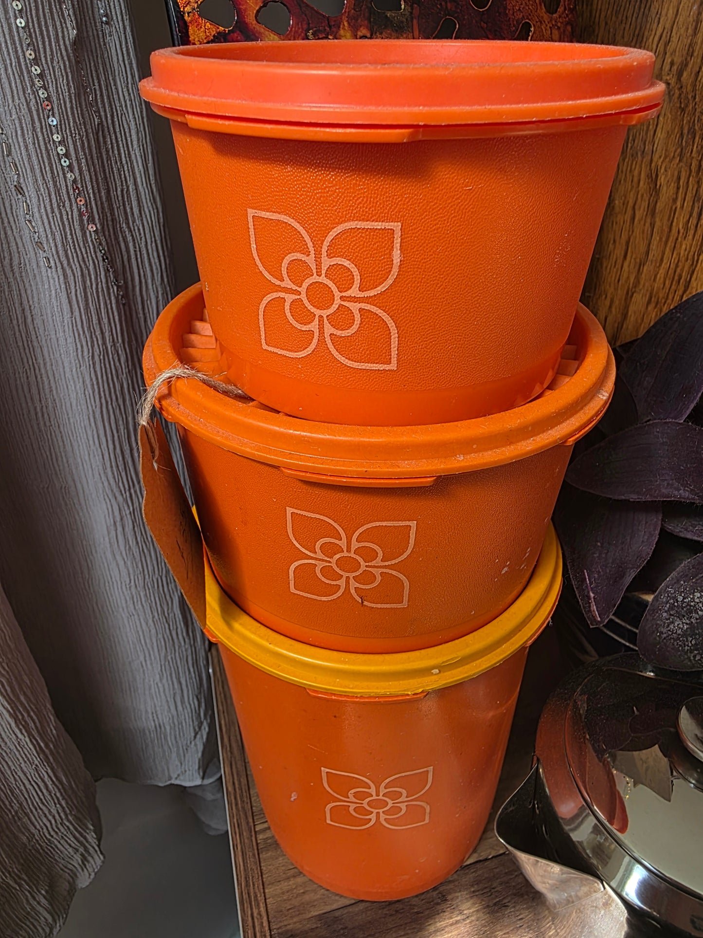 Vintage Tupperware Stacking Canisters — Set of 3, Burnt Orange with Flower Motif