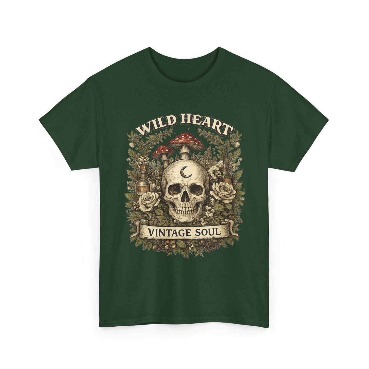 Skull & Mushrooms Tee — "Wild Heart, Vintage Soul" Vintage Gothic T-Shirt