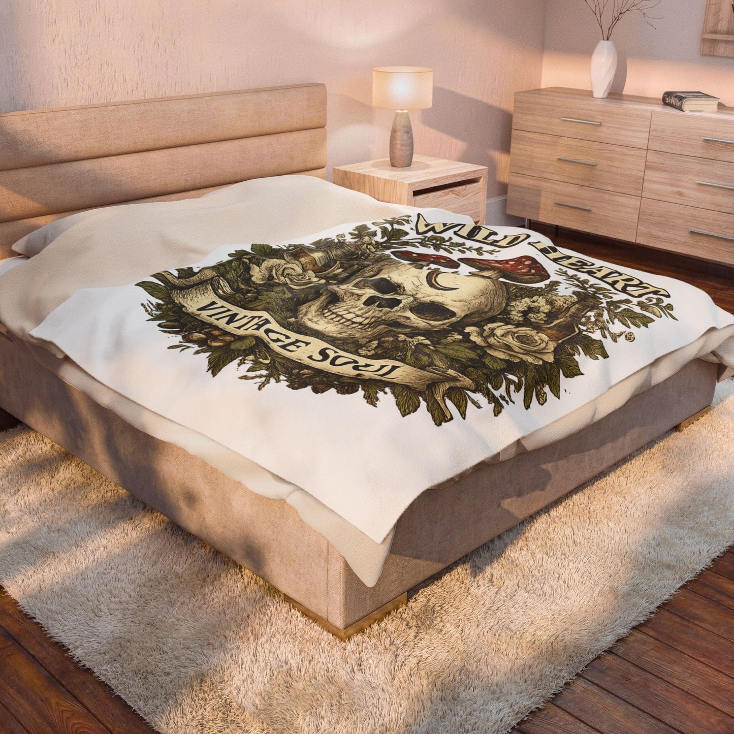 Velveteen Plush Blanket - Wild Heart Vintage Soul Skull & Mushrooms Throw