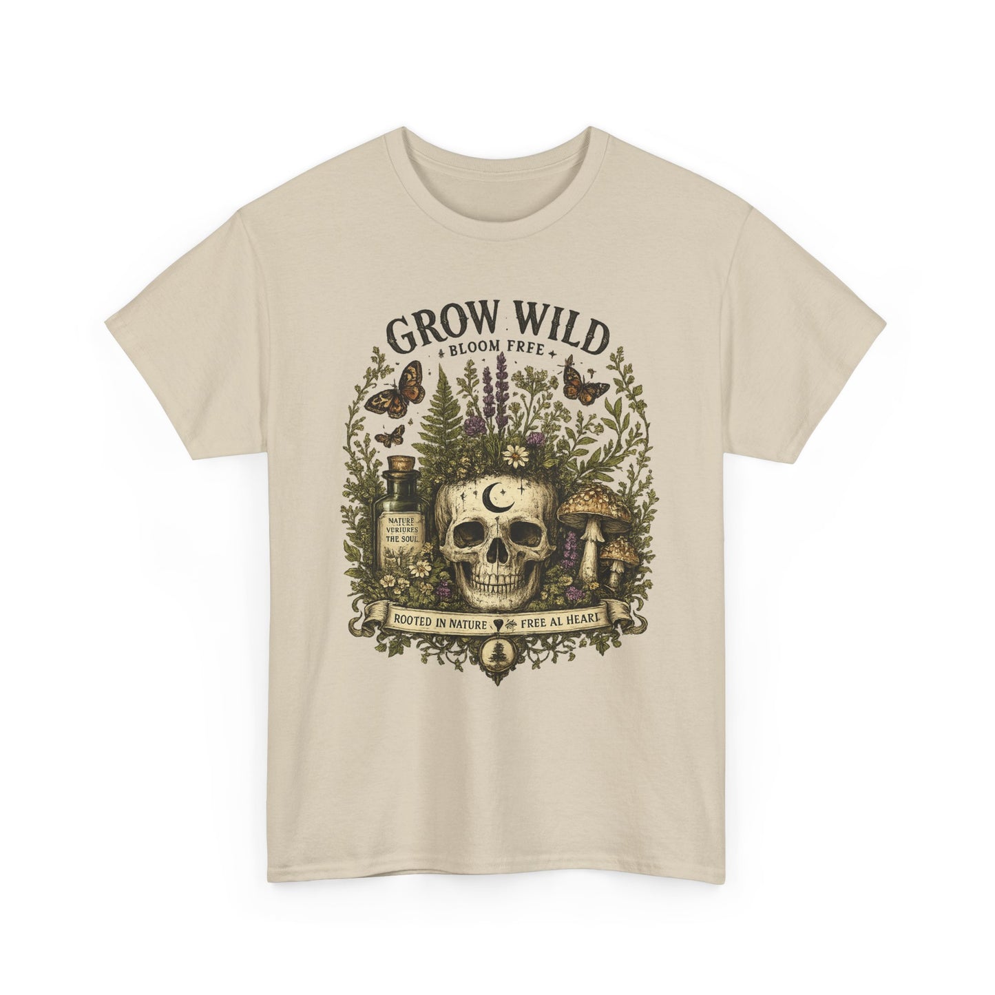 Grow Wild Skull Garden T-Shirt — Botanical Skull, Mushroom & Herbal Apothecary Tee