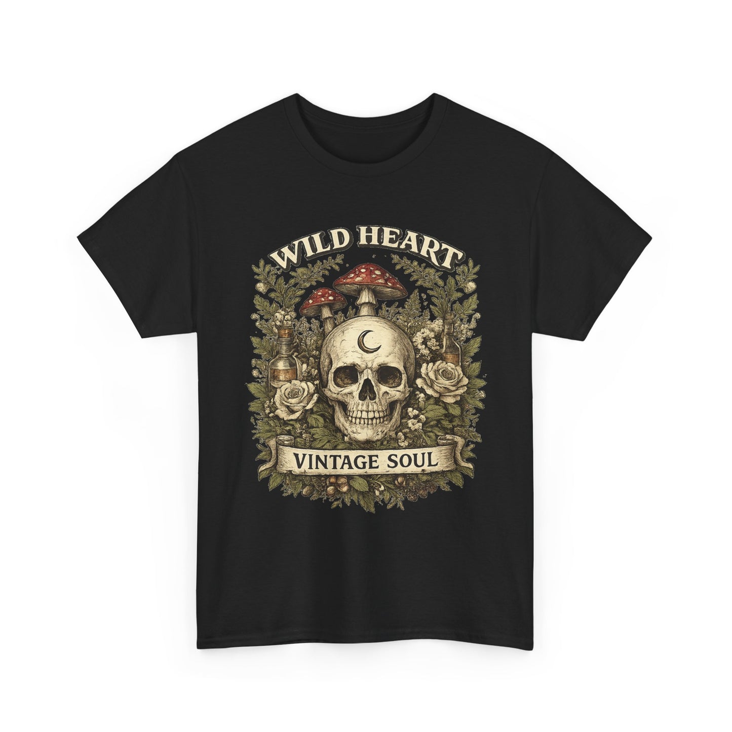 Skull & Mushrooms Tee — "Wild Heart, Vintage Soul" Vintage Gothic T-Shirt
