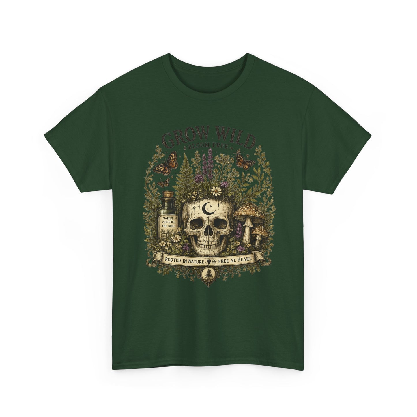 Grow Wild Skull Garden T-Shirt — Botanical Skull, Mushroom & Herbal Apothecary Tee