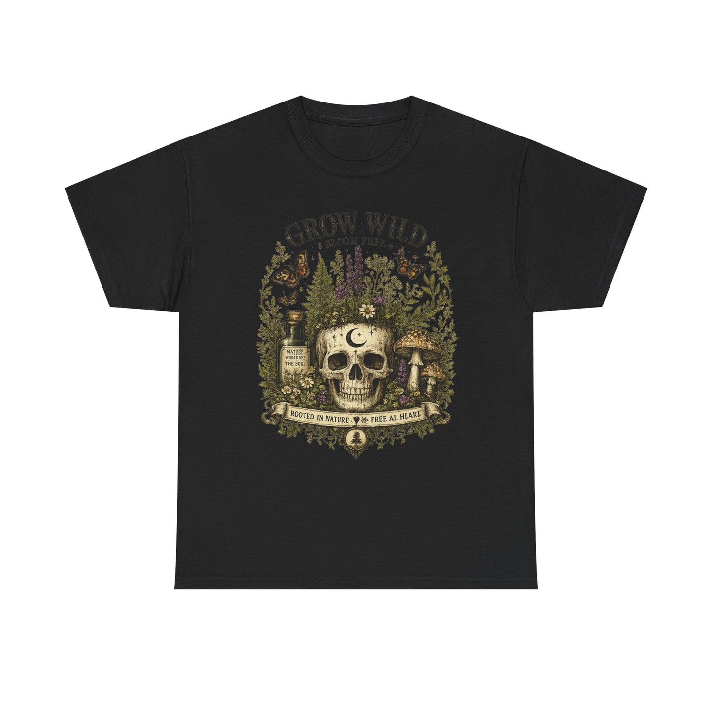 Grow Wild Skull Garden T-Shirt — Botanical Skull, Mushroom & Herbal Apothecary Tee