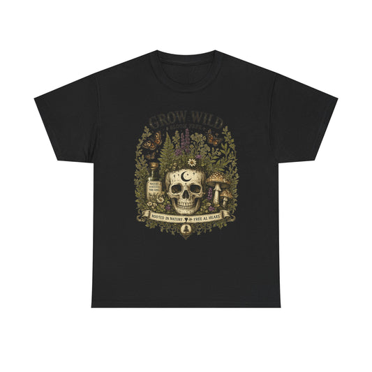 Grow Wild Skull Garden T-Shirt — Botanical Skull, Mushroom & Herbal Apothecary Tee
