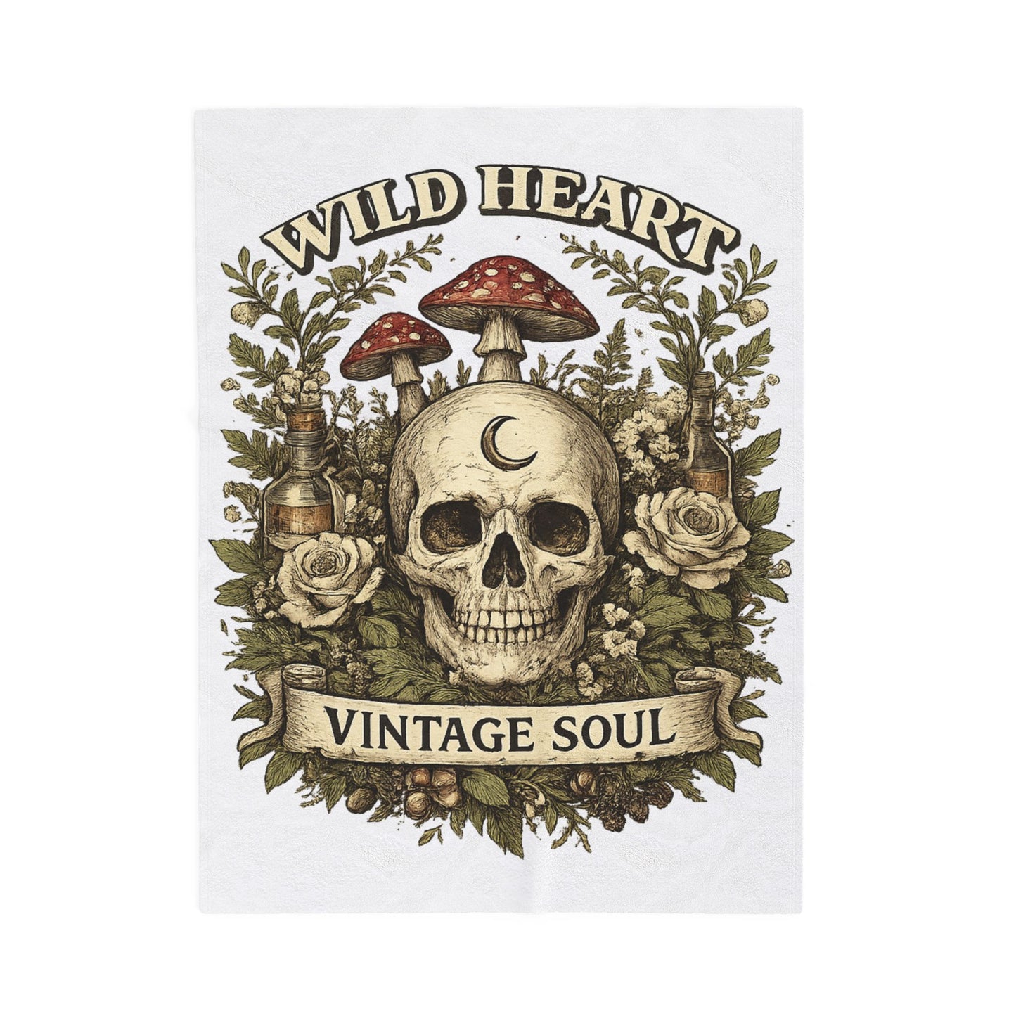 Velveteen Plush Blanket - Wild Heart Vintage Soul Skull & Mushrooms Throw