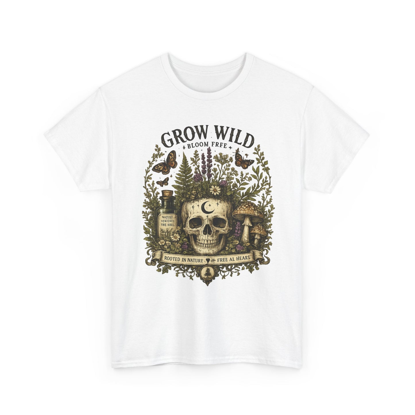 Grow Wild Skull Garden T-Shirt — Botanical Skull, Mushroom & Herbal Apothecary Tee