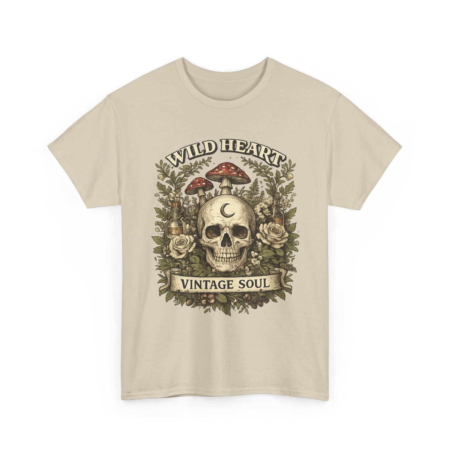 Skull & Mushrooms Tee — "Wild Heart, Vintage Soul" Vintage Gothic T-Shirt