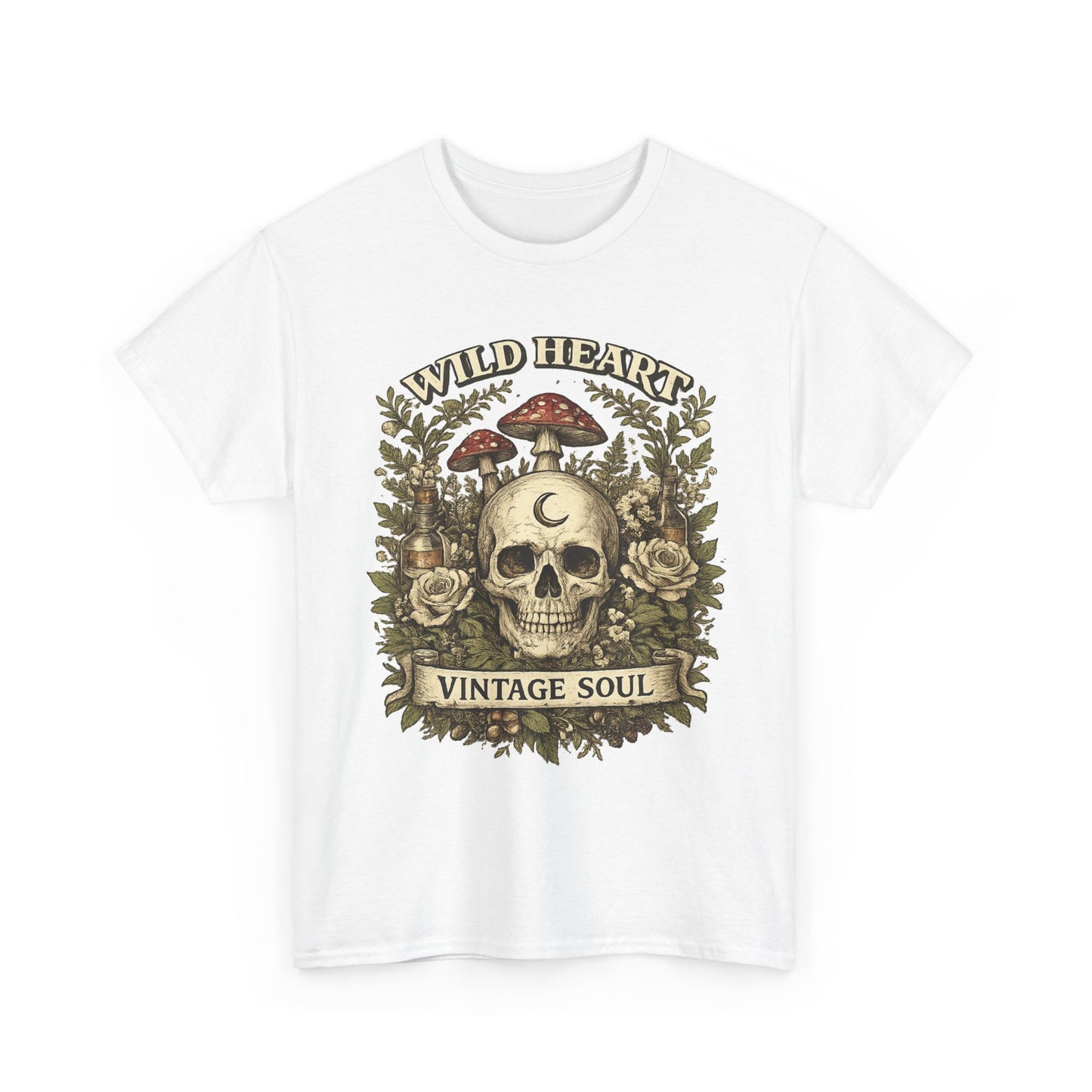 Skull & Mushrooms Tee — "Wild Heart, Vintage Soul" Vintage Gothic T-Shirt