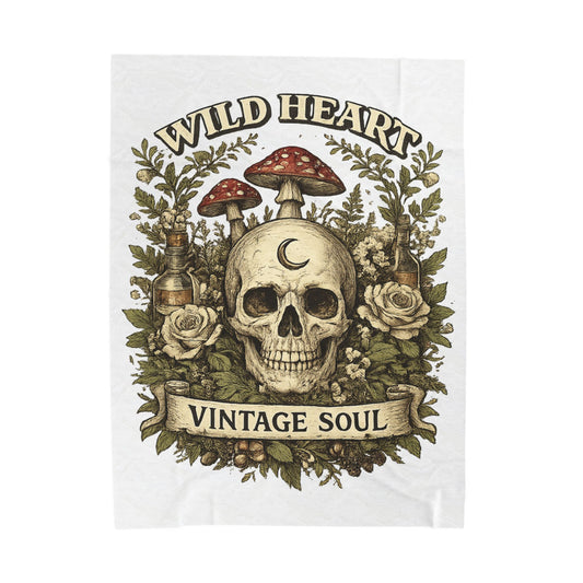 Velveteen Plush Blanket - Wild Heart Vintage Soul Skull & Mushrooms Throw