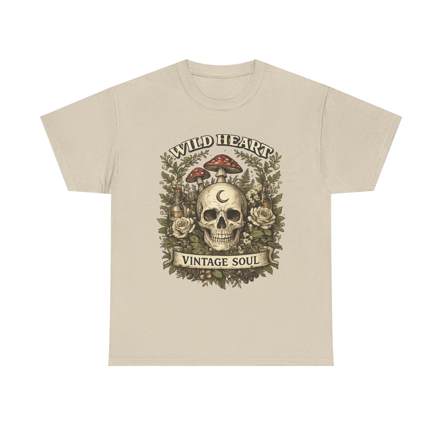 Skull & Mushrooms Tee — "Wild Heart, Vintage Soul" Vintage Gothic T-Shirt