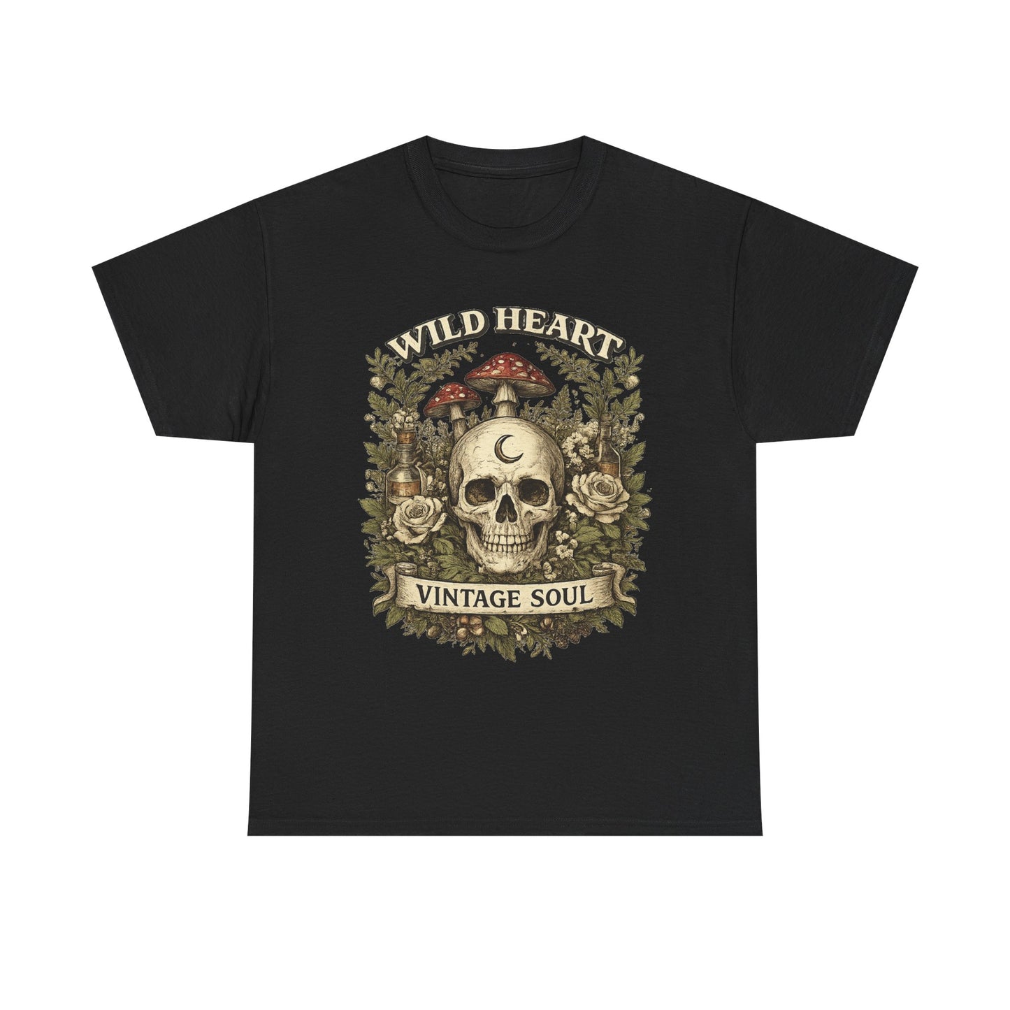 Skull & Mushrooms Tee — "Wild Heart, Vintage Soul" Vintage Gothic T-Shirt