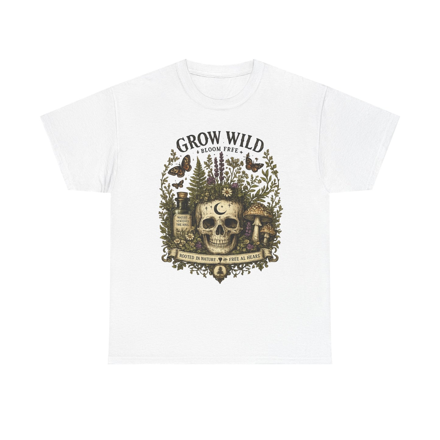 Grow Wild Skull Garden T-Shirt — Botanical Skull, Mushroom & Herbal Apothecary Tee