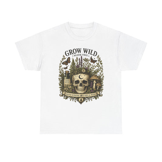 Grow Wild Skull Garden T-Shirt — Botanical Skull, Mushroom & Herbal Apothecary Tee