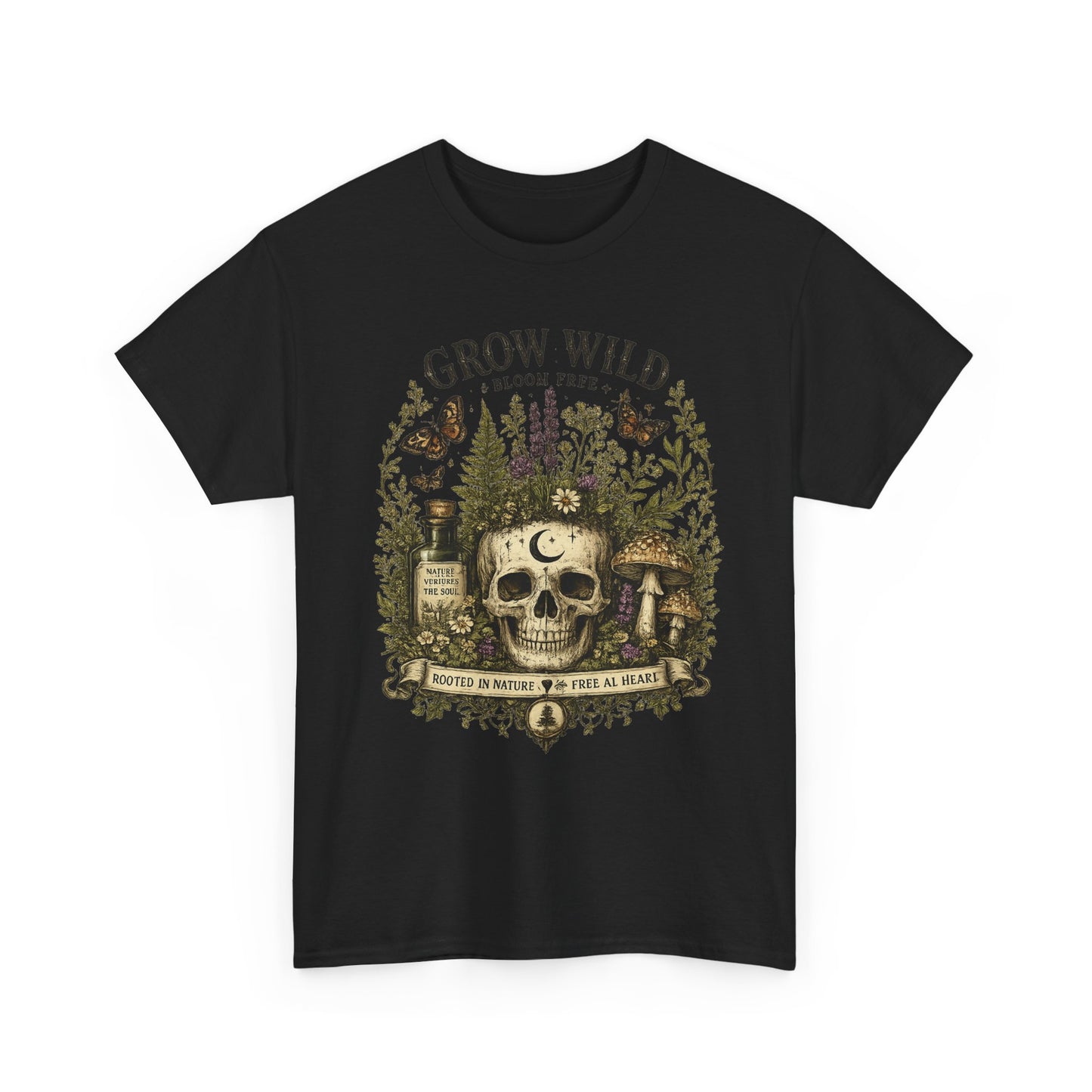Grow Wild Skull Garden T-Shirt — Botanical Skull, Mushroom & Herbal Apothecary Tee