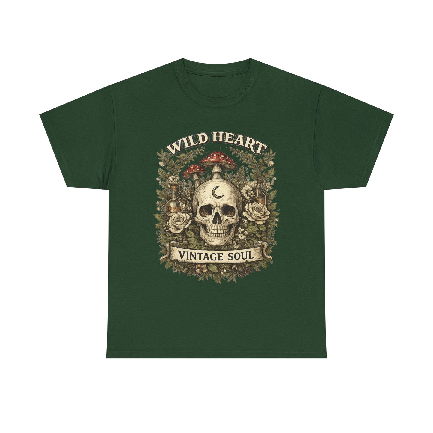 Skull & Mushrooms Tee — "Wild Heart, Vintage Soul" Vintage Gothic T-Shirt