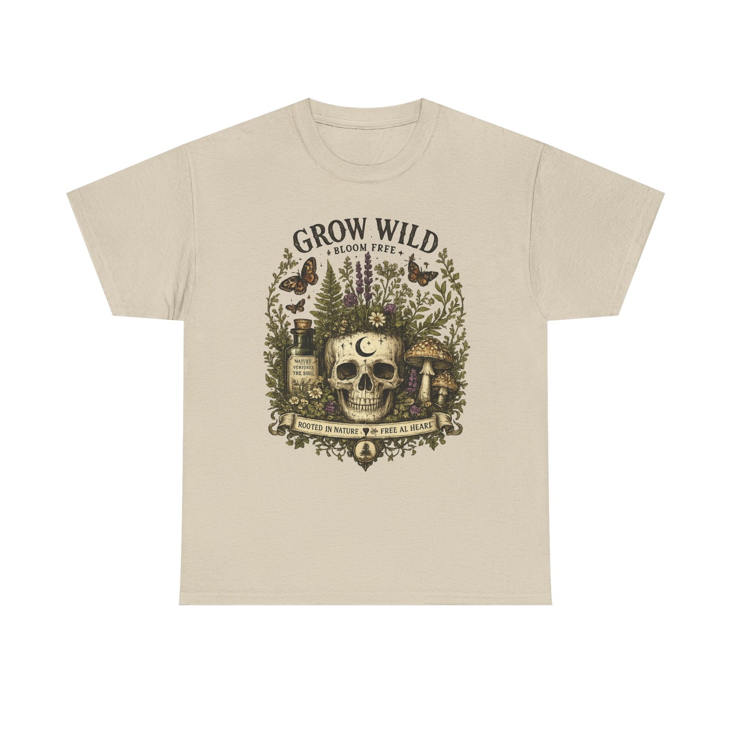 Grow Wild Skull Garden T-Shirt — Botanical Skull, Mushroom & Herbal Apothecary Tee