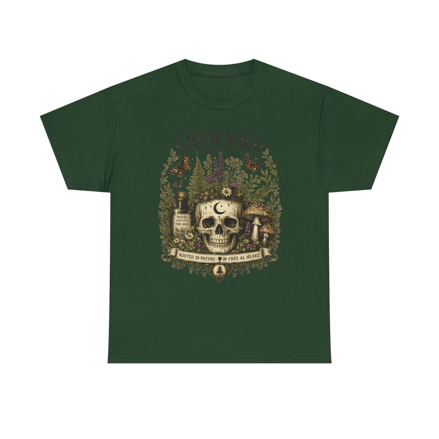 Grow Wild Skull Garden T-Shirt — Botanical Skull, Mushroom & Herbal Apothecary Tee
