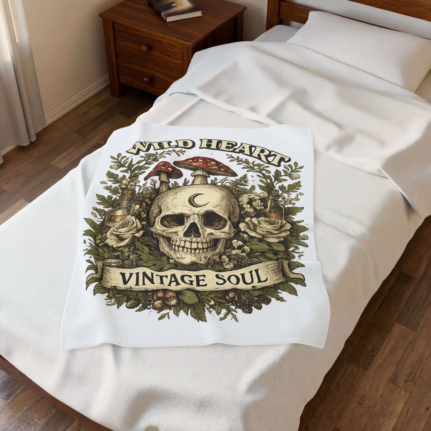 Velveteen Plush Blanket - Wild Heart Vintage Soul Skull & Mushrooms Throw