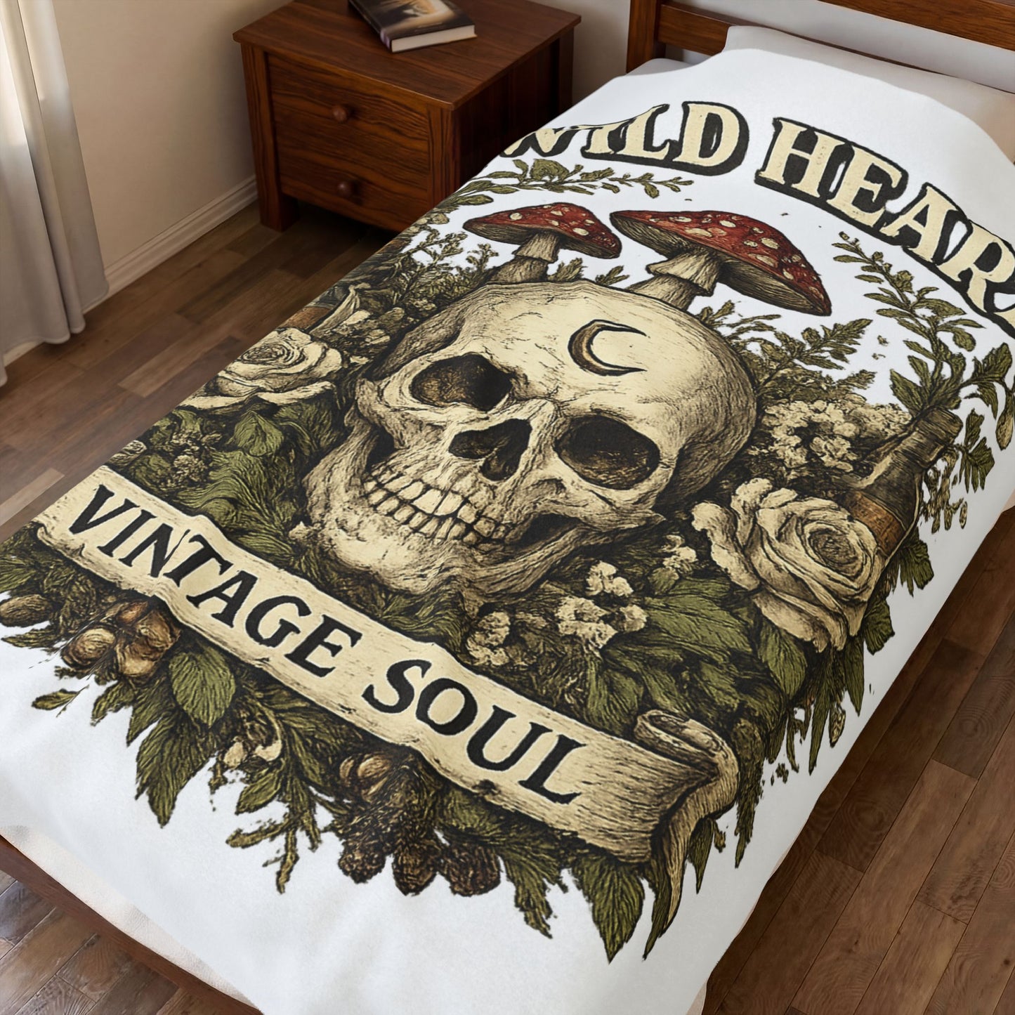 Velveteen Plush Blanket - Wild Heart Vintage Soul Skull & Mushrooms Throw