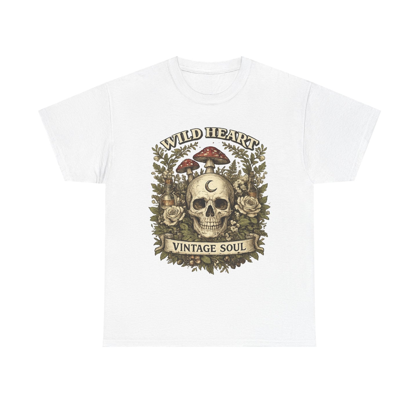 Skull & Mushrooms Tee — "Wild Heart, Vintage Soul" Vintage Gothic T-Shirt