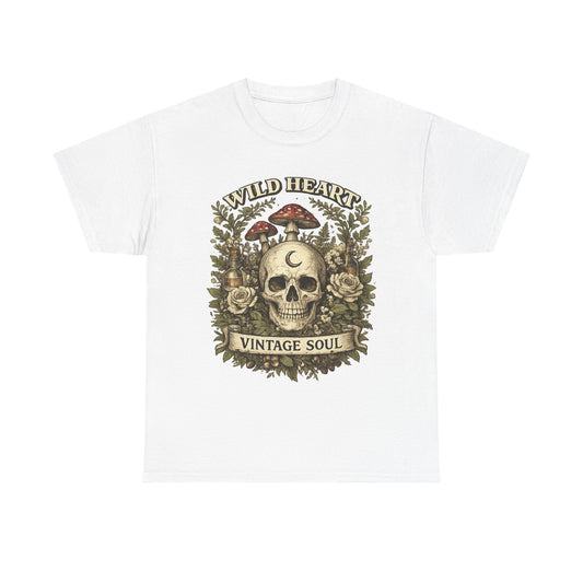 Skull & Mushrooms Tee — "Wild Heart, Vintage Soul" Vintage Gothic T-Shirt