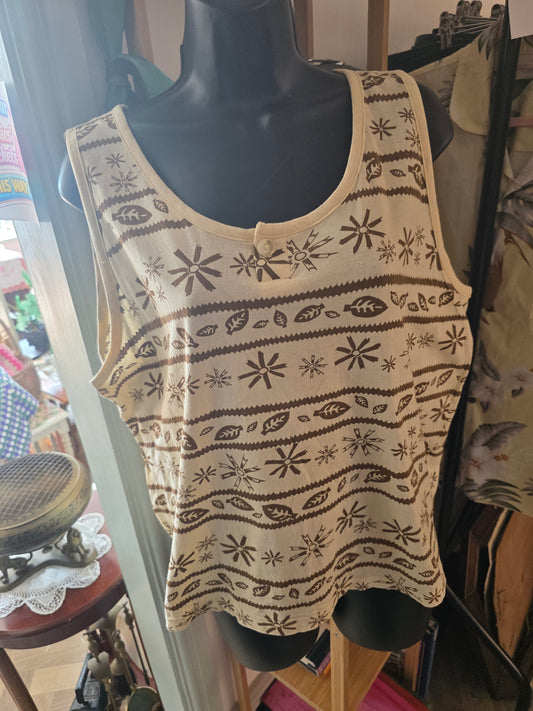 Vintage Botanical Print Tank Top — Cream & Brown, Size 14