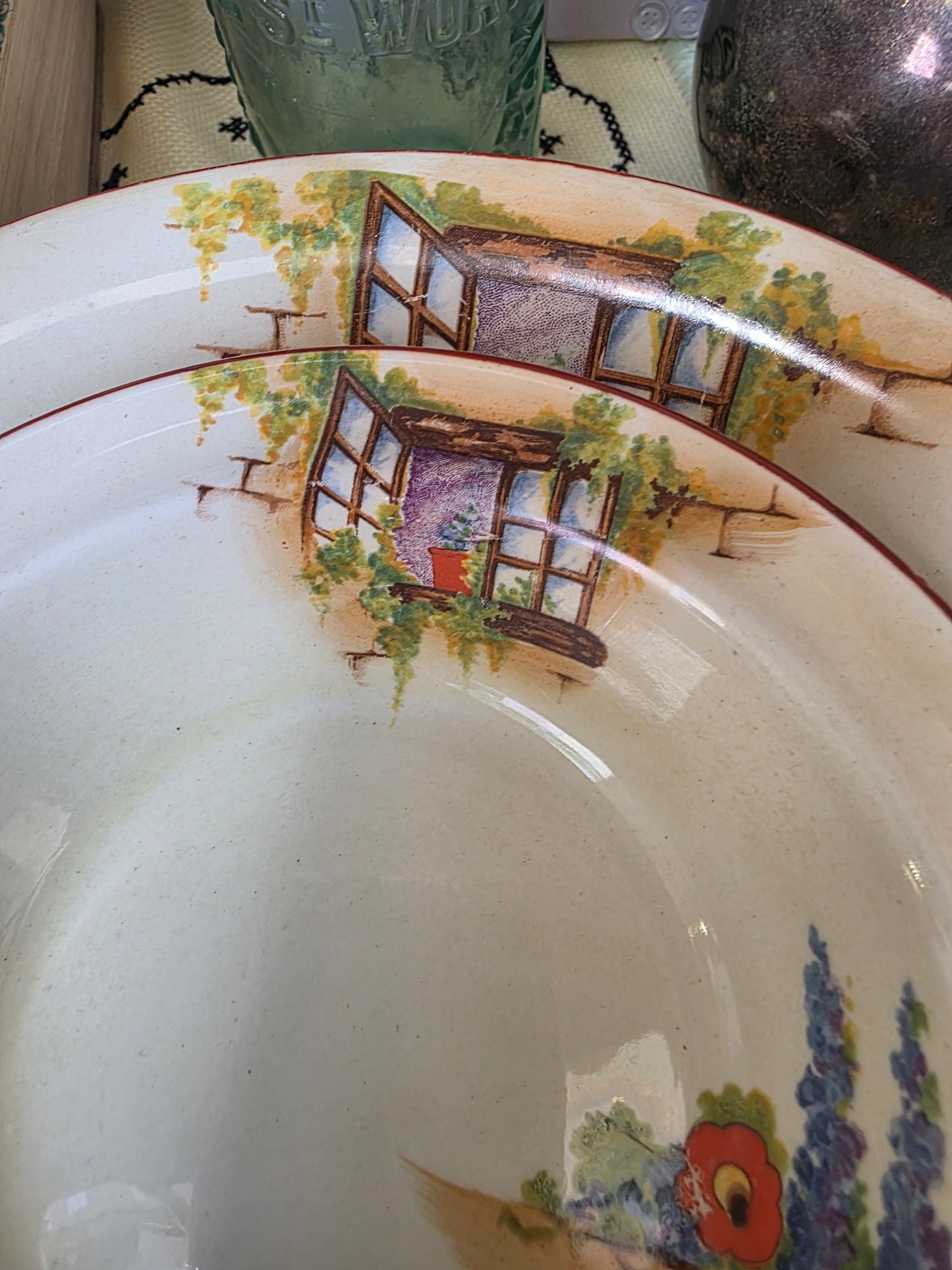 Leighton "Old Cottage Window" Vintage Bowl Set — 1 Serving Bowl & 6 Small Bowls