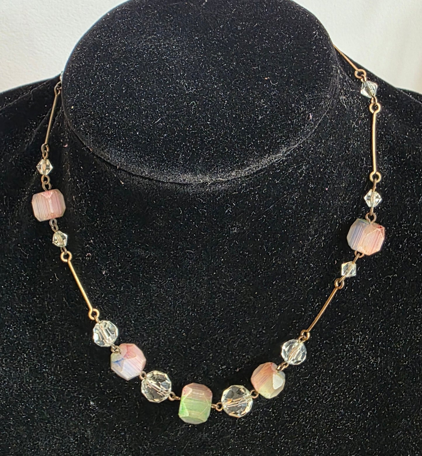 Pink, Green & Blue Glass Bead Necklace — Gold Tone