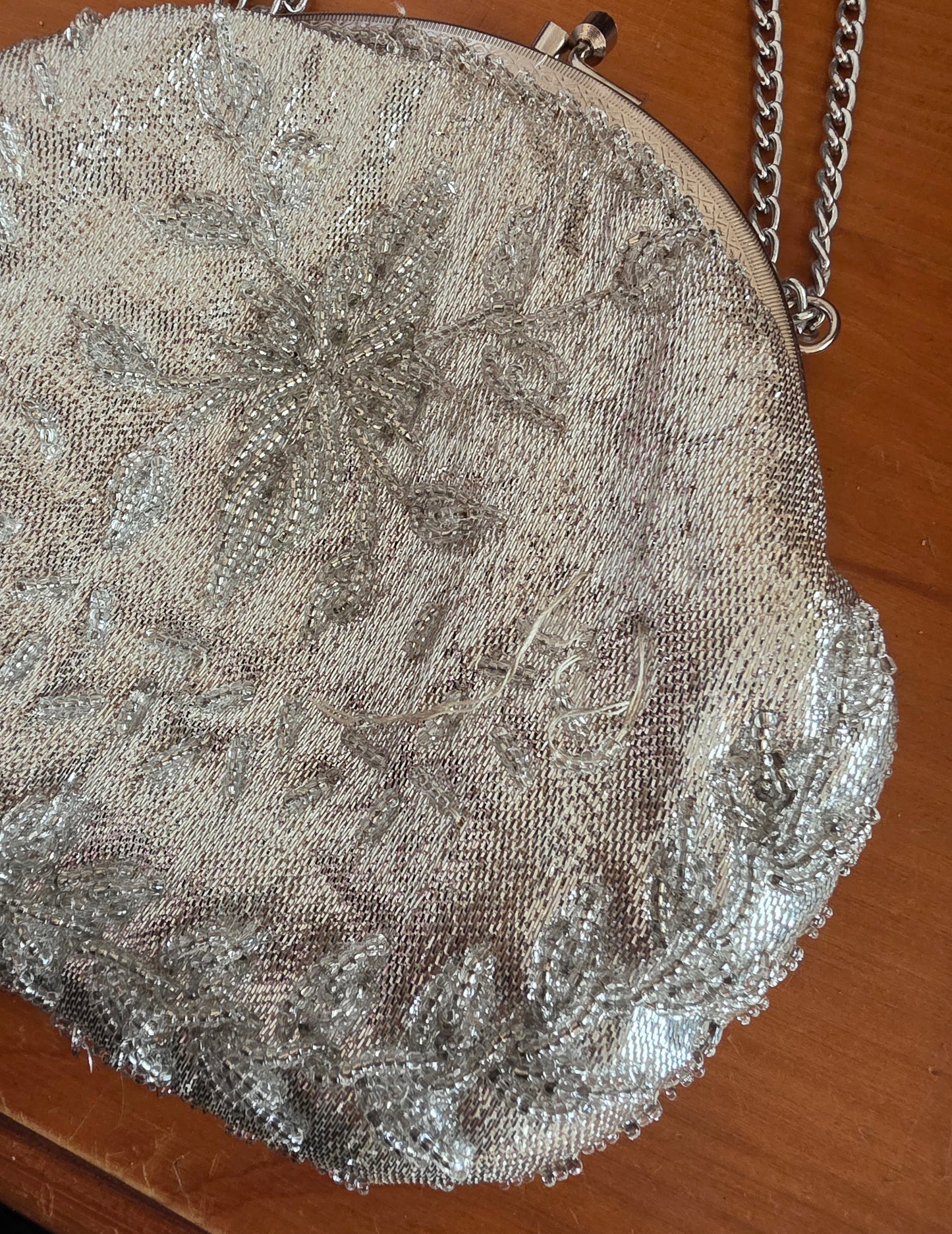 Janette Cleopatra Vintage Silver Beaded Evening Bag — Chain Strap, Kiss Clasp