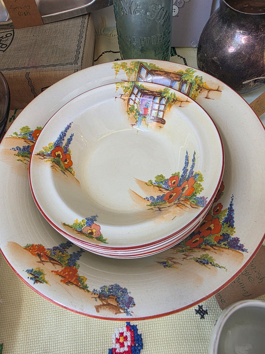 Leighton "Old Cottage Window" Vintage Bowl Set — 1 Serving Bowl & 6 Small Bowls