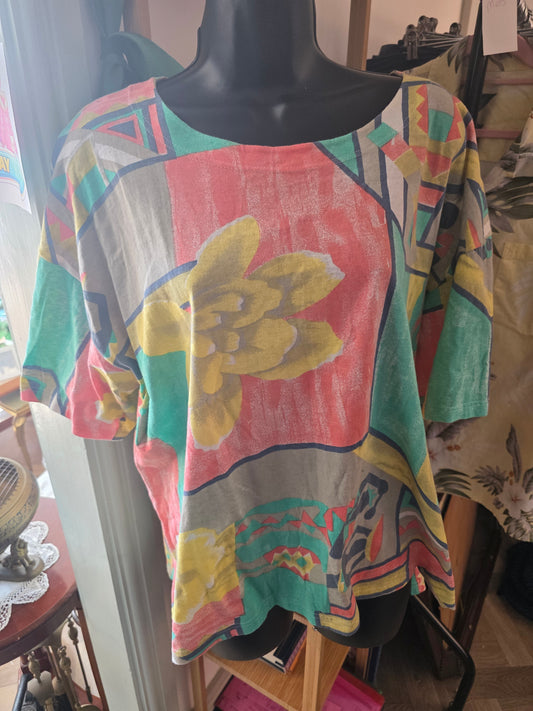 Vintage 1980s Abstract Floral Print Oversized Top — Teal, Coral & Yellow, Size 16