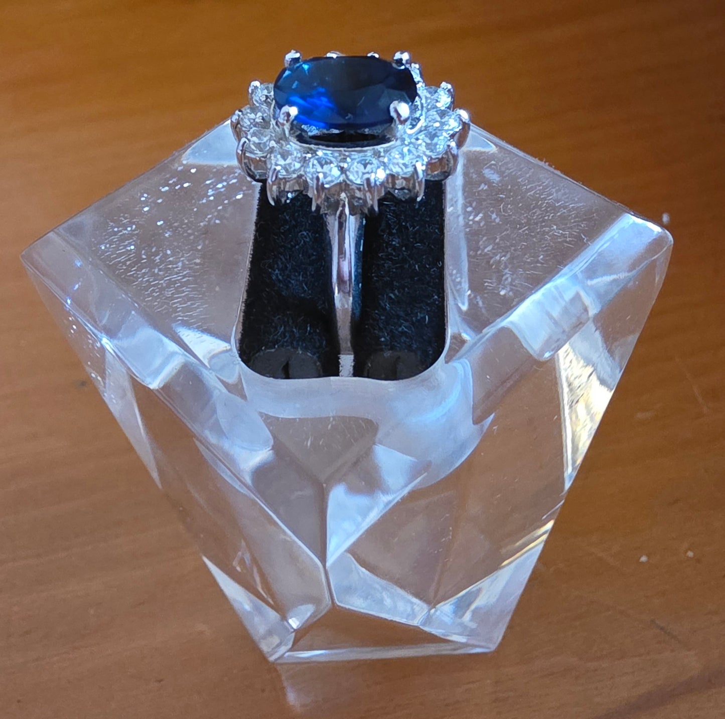 Sapphire Blue & Crystal Halo Cocktail Ring — Silver Tone, Size M