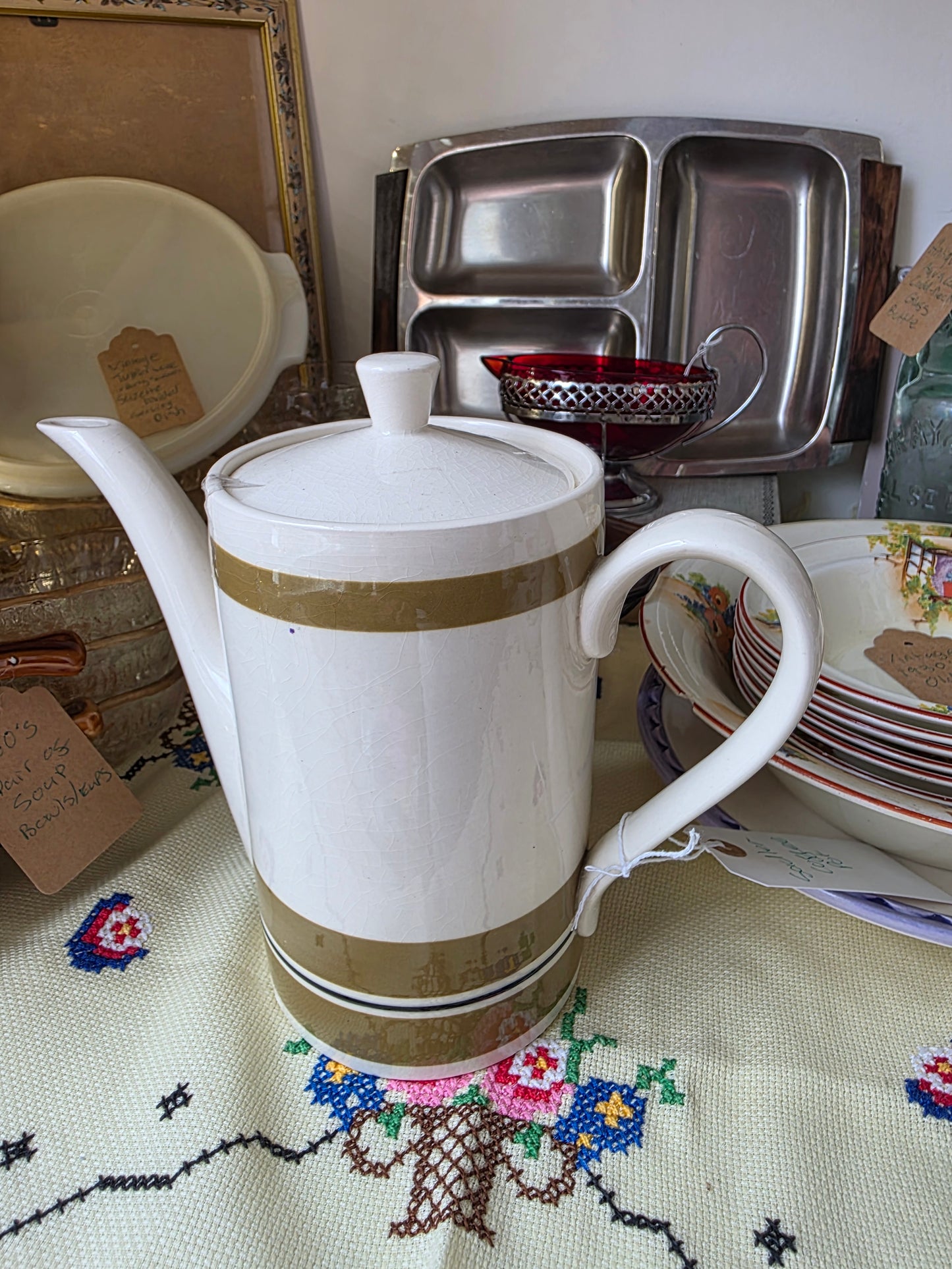 Sadler England Vintage Coffee Pot — White & Green Band