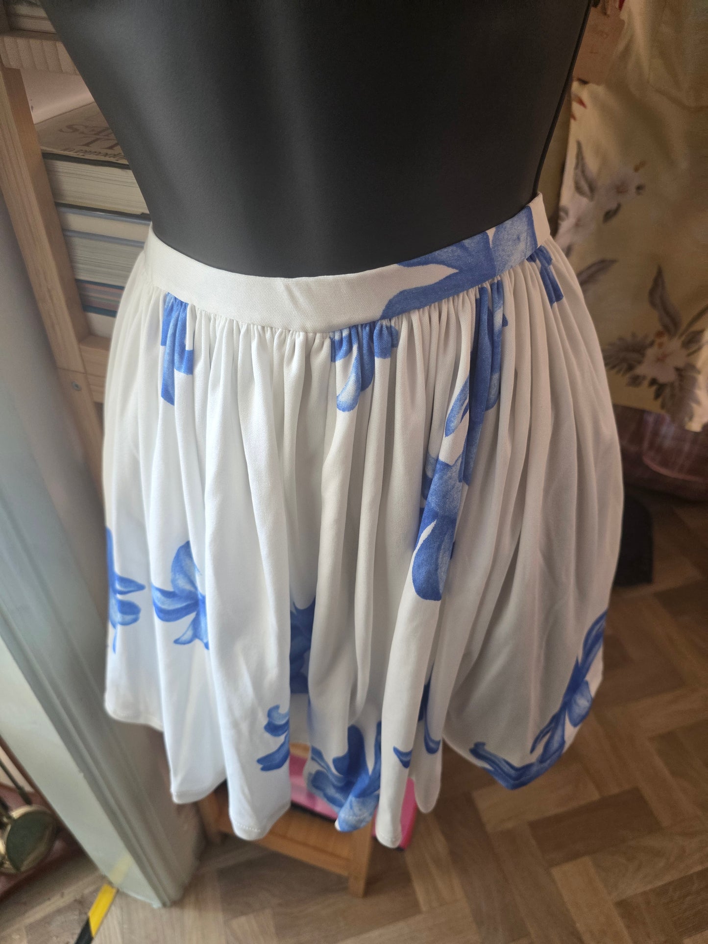 Blue Floral Gathered Skirt — Upcycled Vintage