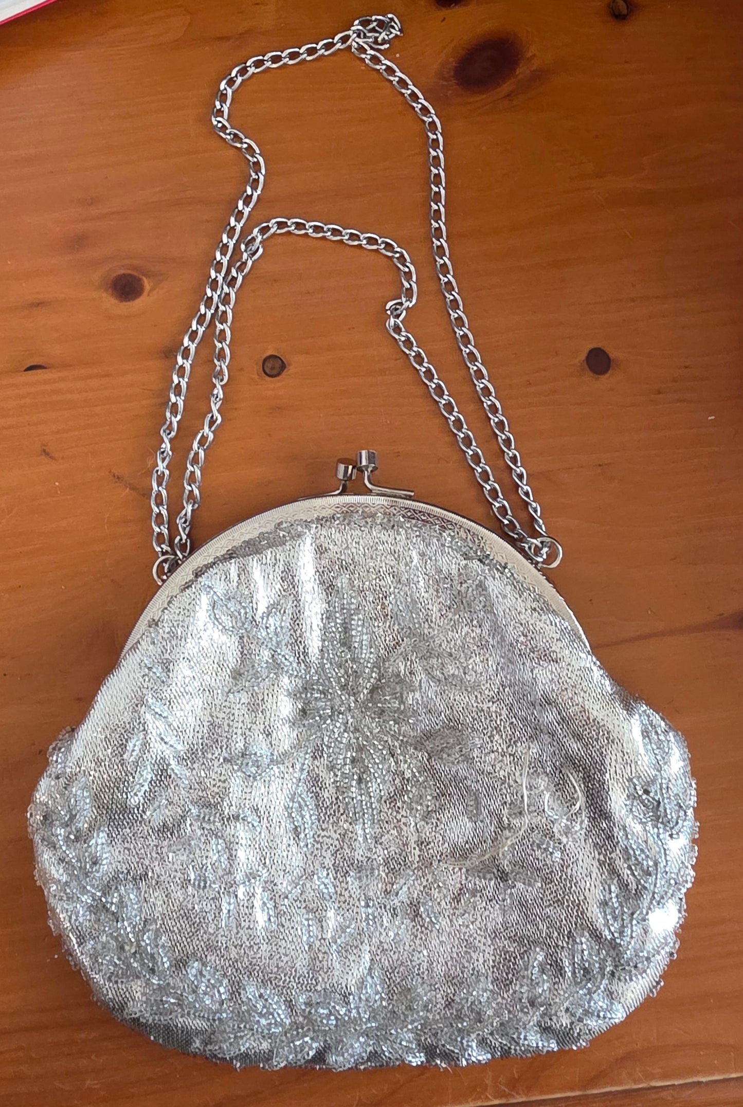 Janette Cleopatra Vintage Silver Beaded Evening Bag — Chain Strap, Kiss Clasp