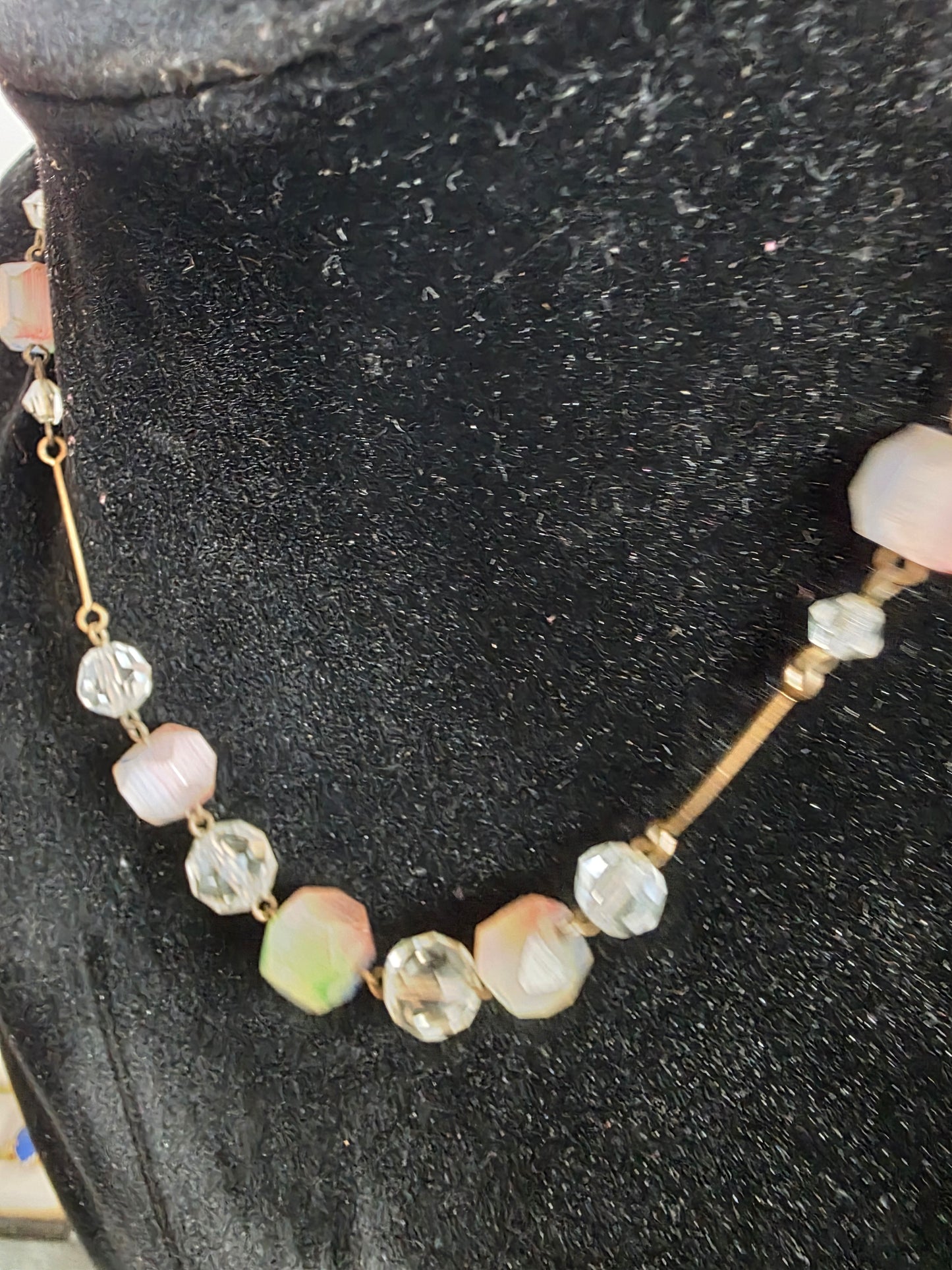 Pink, Green & Blue Glass Bead Necklace — Gold Tone