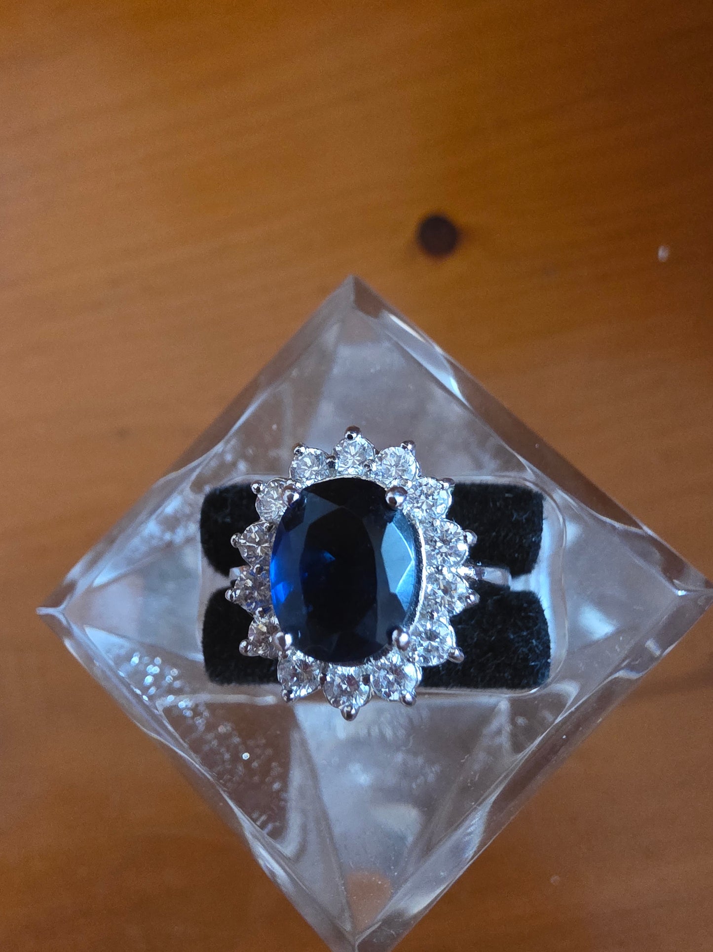 Sapphire Blue & Crystal Halo Cocktail Ring — Silver Tone, Size M