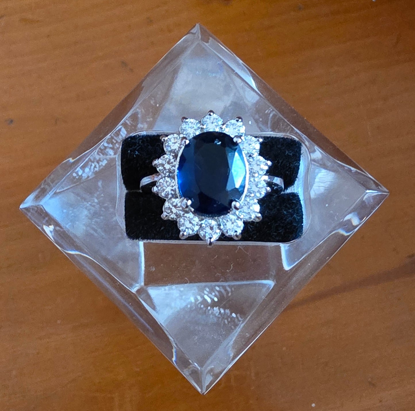 Sapphire Blue & Crystal Halo Cocktail Ring — Silver Tone, Size M