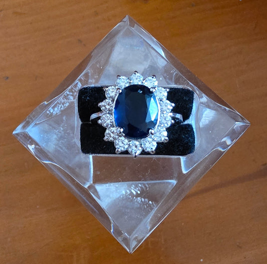 Sapphire Blue & Crystal Halo Cocktail Ring — Silver Tone, Size M
