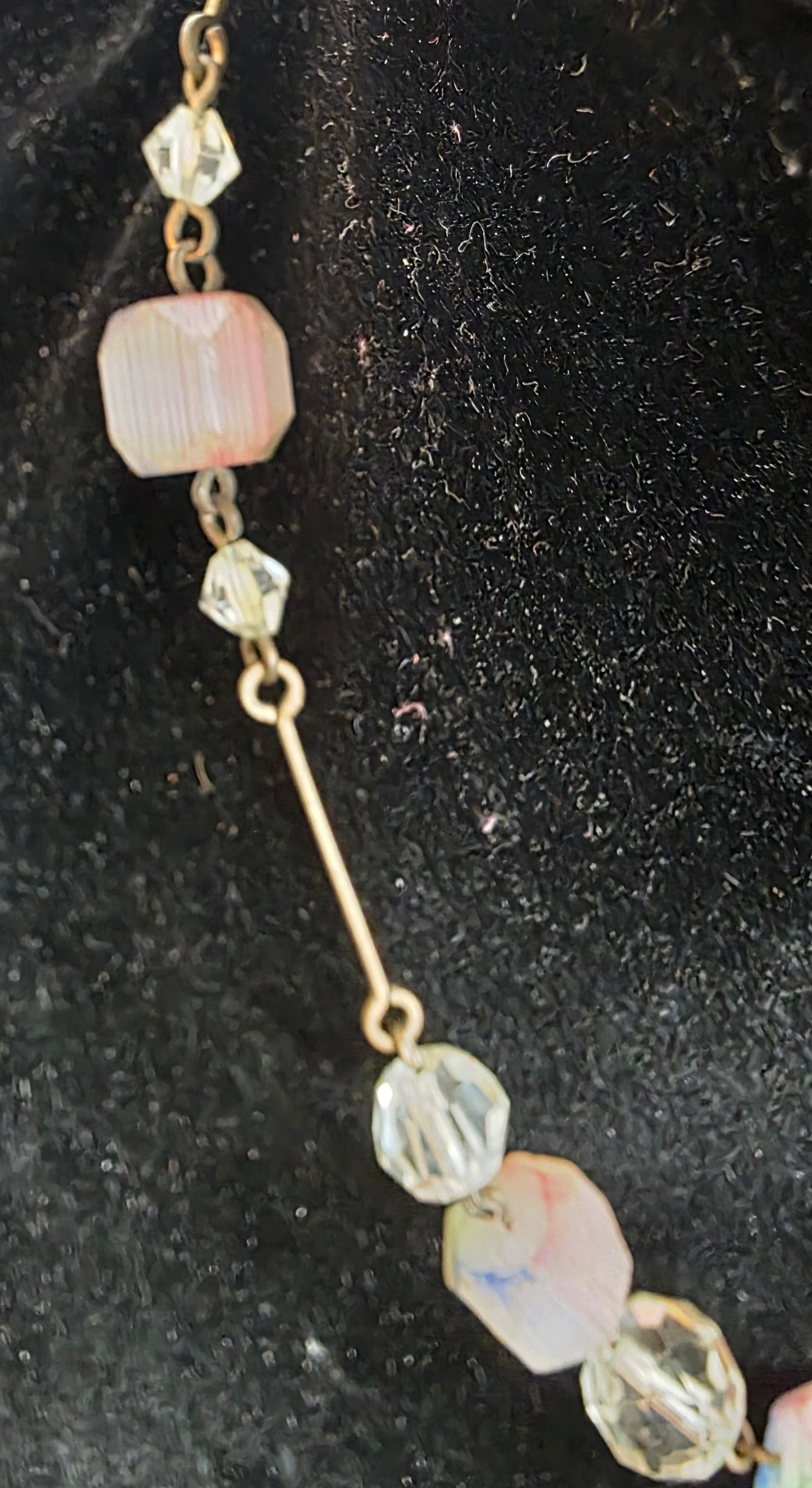 Pink, Green & Blue Glass Bead Necklace — Gold Tone